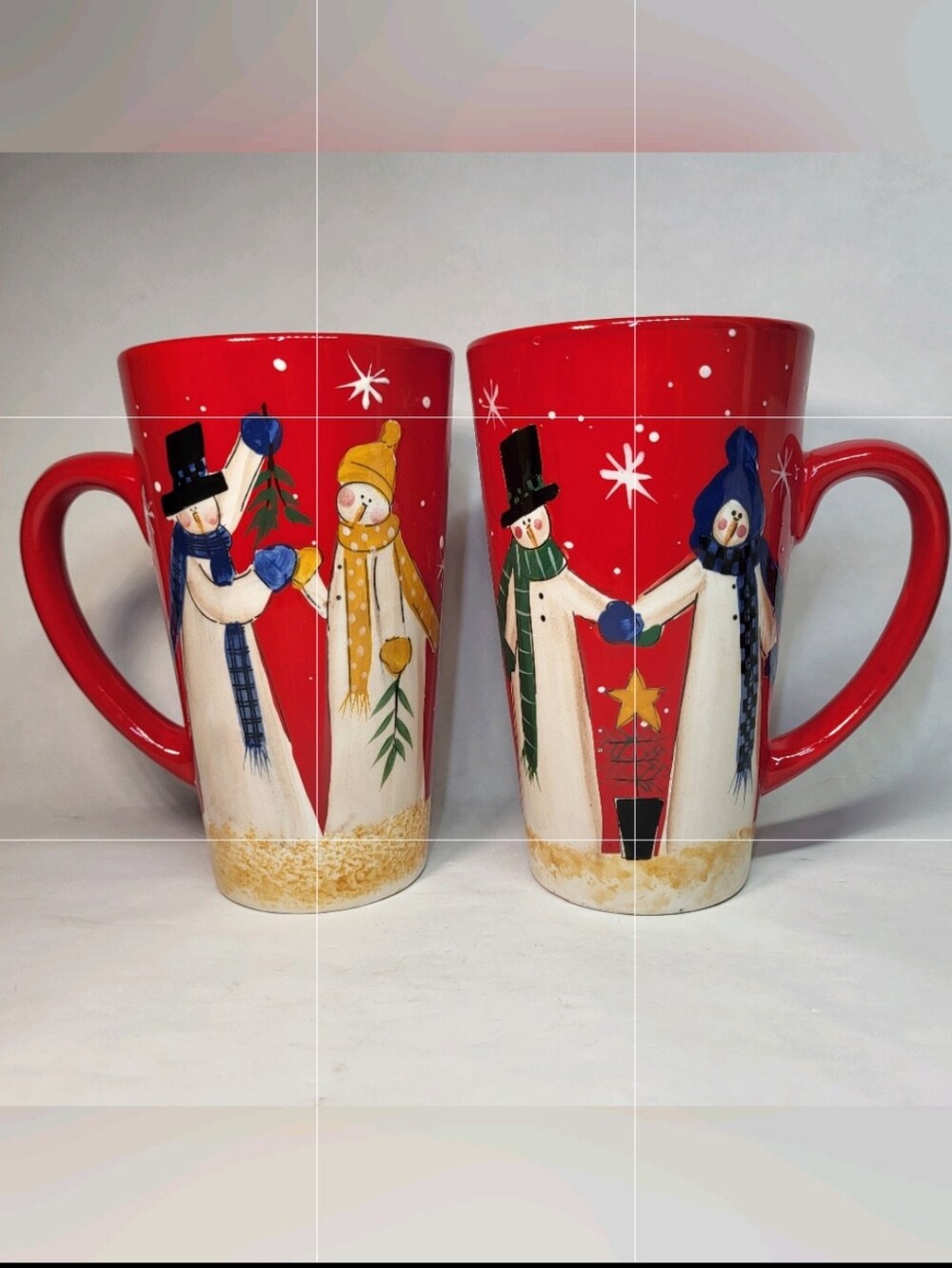 JC Penney Home Snowmen MUGS Set of 2 Tall Ceramic 2004 Christmas Red White 16 oz